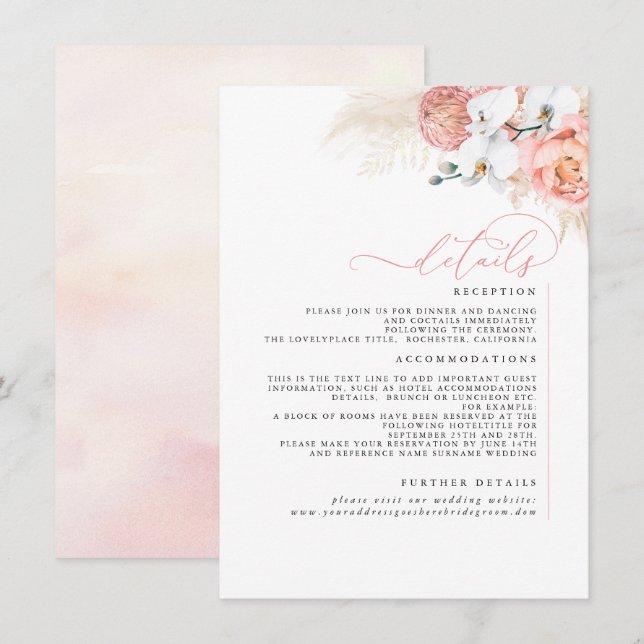 Details zur Hochzeit in Pampas Grass Rosa Blush Begleitkarte (Vorne/Hinten)