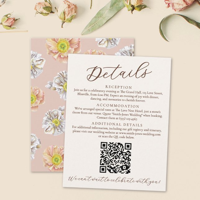 Details zur Hochzeit in Pink und Floral und QR-Cod Begleitkarte (Pink watercolor floral wedding details card with QR Code.)