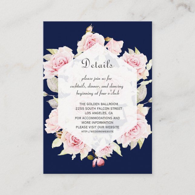 Details zur Hochzeit in rosa floraler Navy Begleitkarte (Vorderseite)