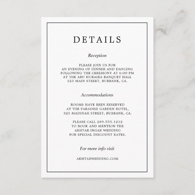 Details zur Hochzeit in Schwarz und Weiß Begleitkarte (Vorderseite)