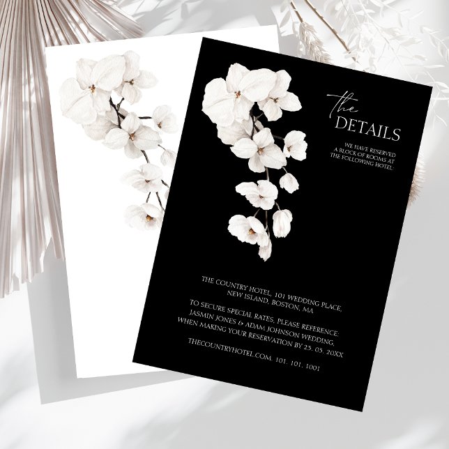 Details zur Hochzeit in Schwarz und Weiß Begleitkarte (Modern Black and White Orchids Flowers Wedding Details Card)