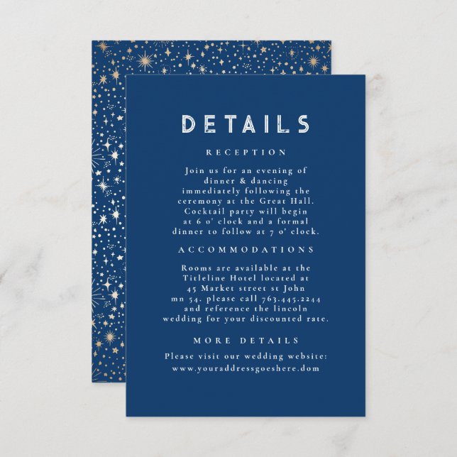 Details zur Hochzeit in Starry Night Celestial Blu Begleitkarte (Vorne/Hinten)