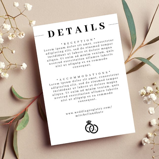 Details zur Hochzeit mit weißem und schwarzem Diam Begleitkarte (White & Black Diamond Ring Monogram Wedding Detail Enclosure Card)