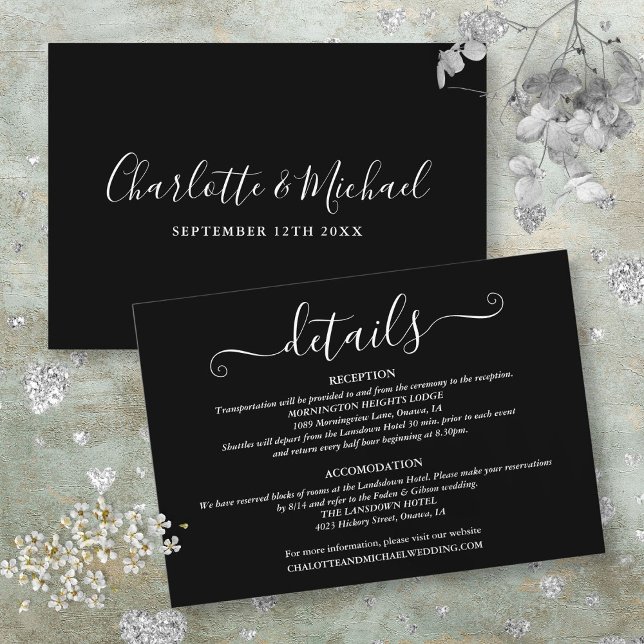 Details zur Hochzeit Signature Script Schwarz und  Begleitkarte (Wedding Details Signature Script Black And White Enclosure Card)