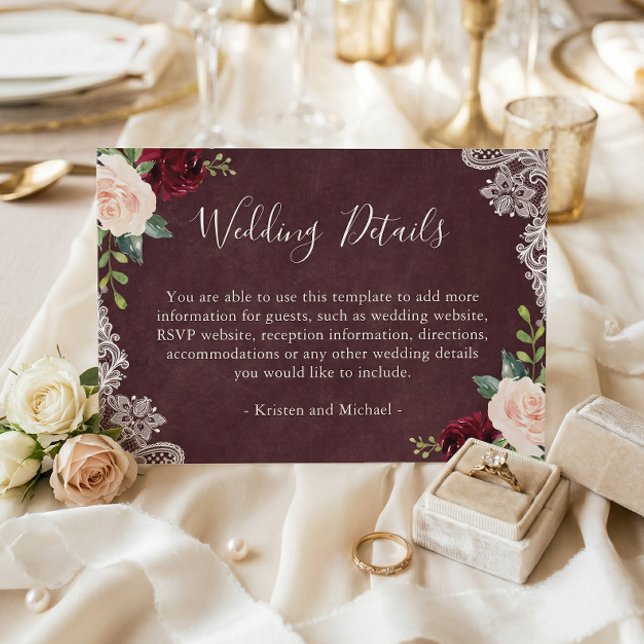 Details zur Hochzeit von Burgund Red Blush Bloral  Begleitkarte (Von Creator hochgeladen)