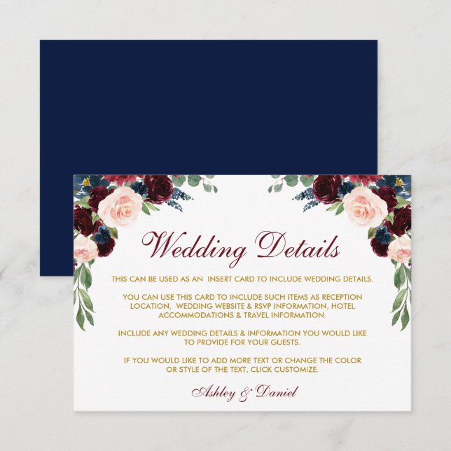 Details zur Hochzeit von Burgundy Blue Floral Gold Begleitkarte (Vorne/Hinten)