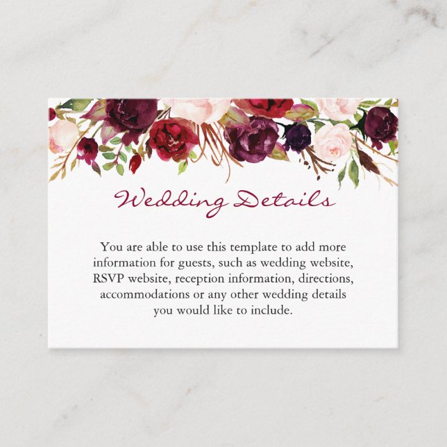 Details zur Hochzeit von Burgundy Marsala Red Flor Begleitkarte (Vorderseite)