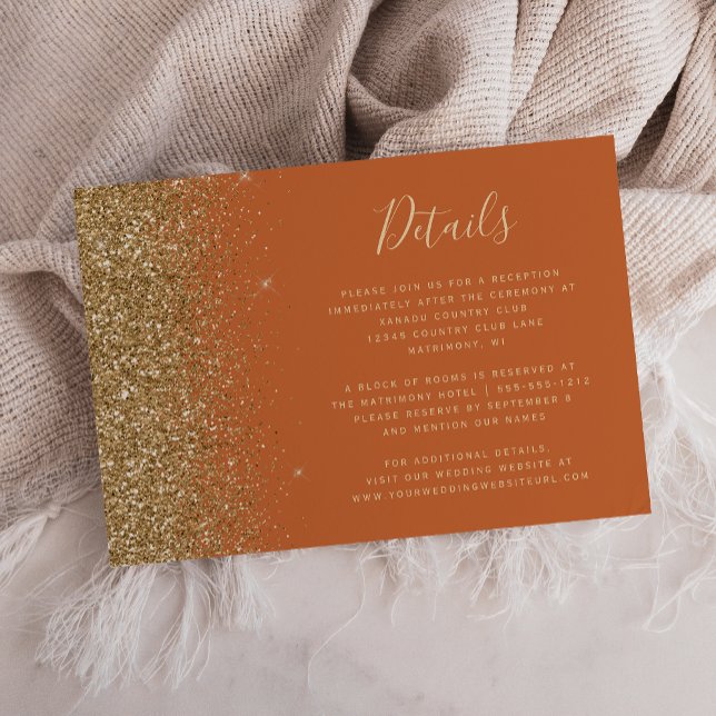 Details zur Hochzeit von Burnt Orange Gold Glitzer Begleitkarte (Von Creator hochgeladen)