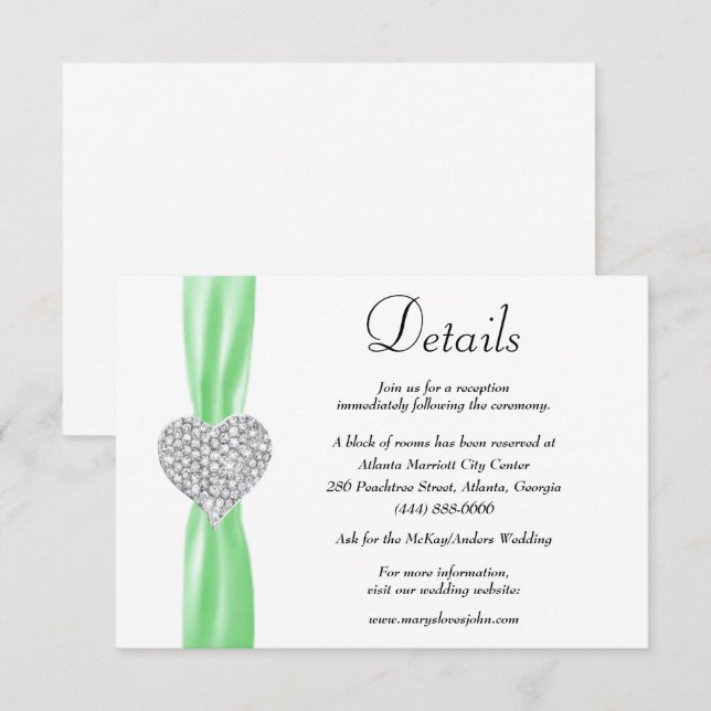 Details zur Hochzeit von Diamond Heart Green Ribbo Begleitkarte (Vorne/Hinten)