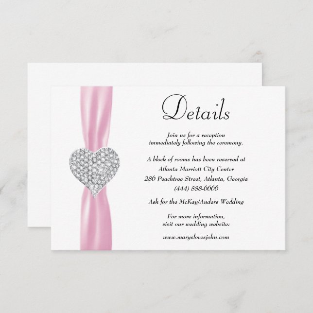 Details zur Hochzeit von Diamond Heart Pink Ribbon Begleitkarte (Vorne/Hinten)