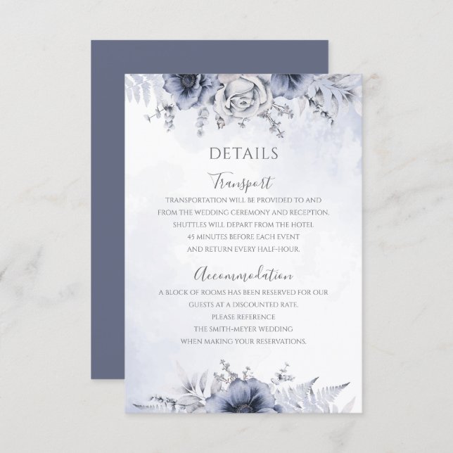 Details zur Hochzeit von Dusty Blue Watercolor Flo Begleitkarte (Vorne/Hinten)