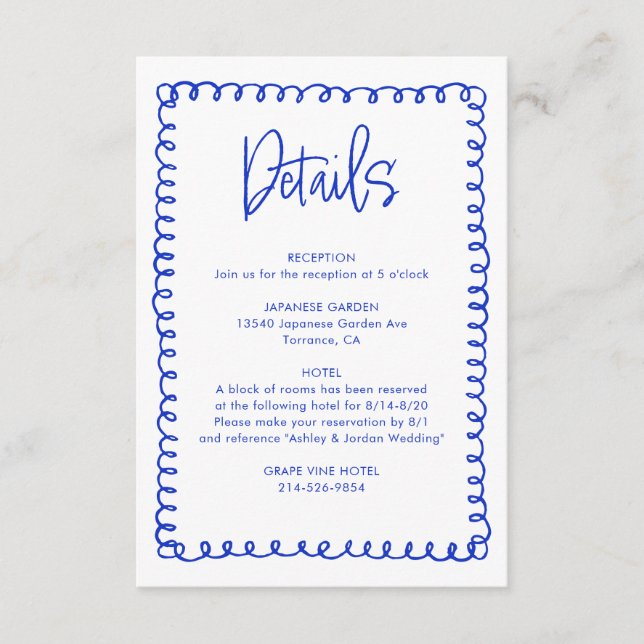 Details zur Hochzeit von Hand Drawn Blue French Re Begleitkarte (Vorderseite)