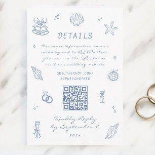 Details zur Hochzeit von Hand gezeichneter blauer Begleitkarte