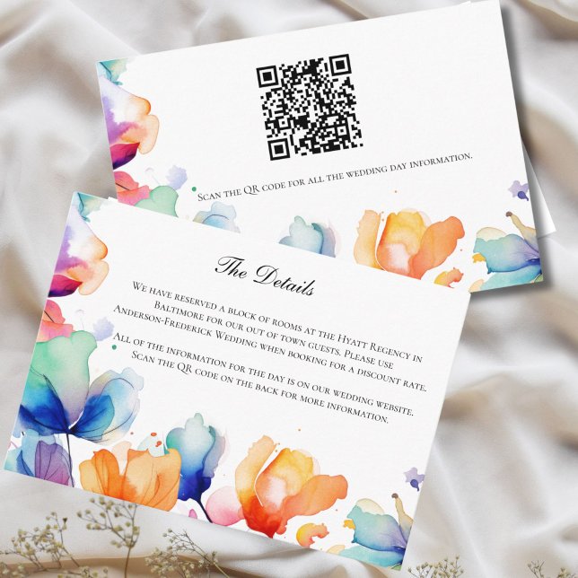 Details zur Hochzeit von hellen Wasserfarben Begleitkarte (Bright Floral Watercolor Purple Blue Orange Wedding Details Enclosure Card with QR Code )