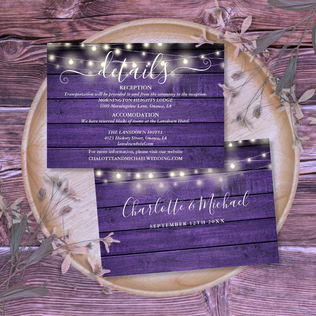 Details zur Hochzeit von lila Holzstring-Lichtern Begleitkarte (Purple Wood String Lights Script Wedding Details Enclosure Card)