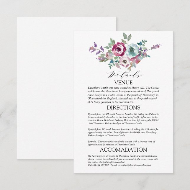 Details zur Hochzeit von Mint & Mauve Floral Begleitkarte (Vorne/Hinten)