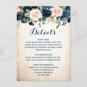 Details zur Hochzeit von Navy Blue Blush Pink Rose Begleitkarte