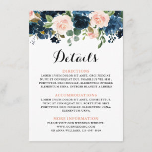 Details zur Hochzeit von Navy Blue Blush Pink Rose Begleitkarte