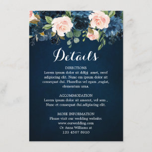Details zur Hochzeit von Navy Blue Blush Pink Rose Begleitkarte