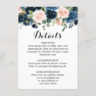 Details zur Hochzeit von Navy Blue Blush Pink Rose Begleitkarte