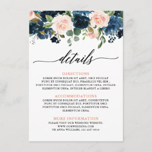 Details zur Hochzeit von Navy Blue Blush Pink Rose Begleitkarte