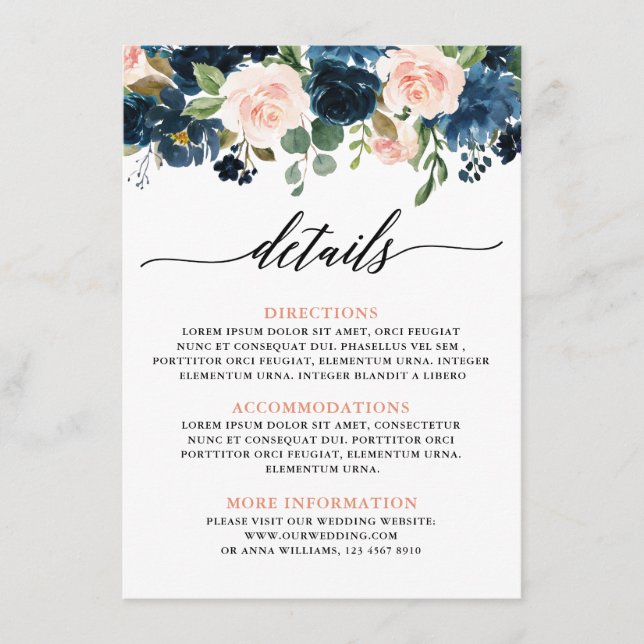 Details zur Hochzeit von Navy Blue Blush Pink Rose Begleitkarte (Vorderseite)