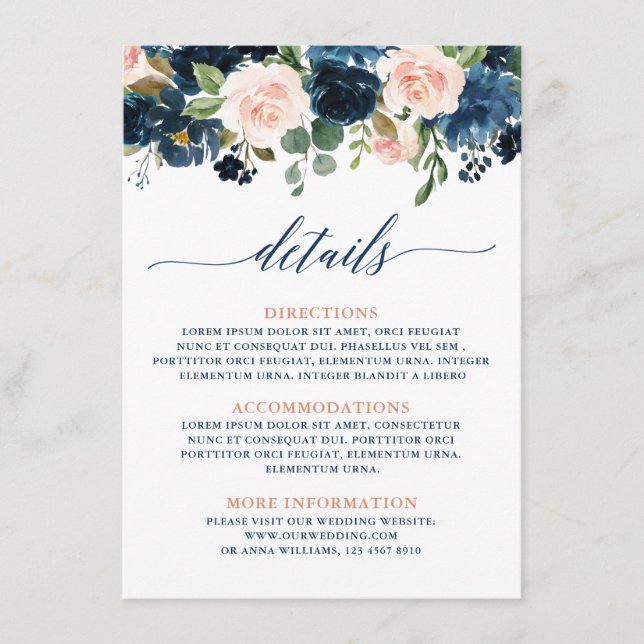 Details zur Hochzeit von Navy Blue Blush Pink Rose Begleitkarte (Vorderseite)