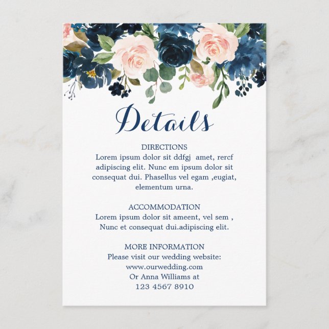 Details zur Hochzeit von Navy Blue Blush Pink Rose Begleitkarte (Vorderseite)