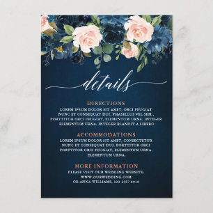 Details zur Hochzeit von Navy Blue Blush Pink Rose Begleitkarte