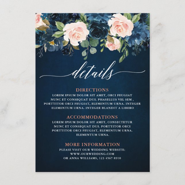 Details zur Hochzeit von Navy Blue Blush Pink Rose Begleitkarte (Vorderseite)