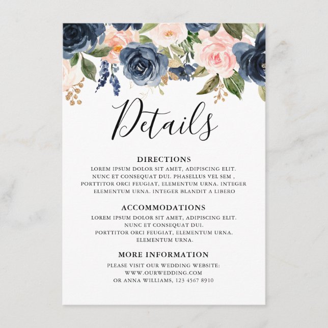 Details zur Hochzeit von Navy Blue Blush Pink Rose Begleitkarte (Vorderseite)