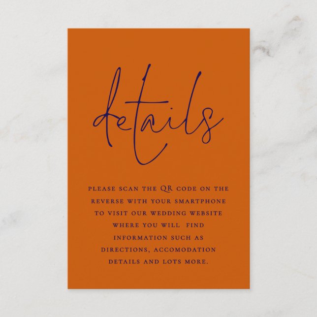Details zur Hochzeit von Navy Blue Burnt Orange QR Begleitkarte (Vorderseite)