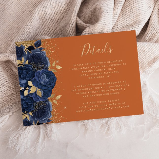Details zur Hochzeit von Navy Blue Gold Floral Bur Begleitkarte (Von Creator hochgeladen)