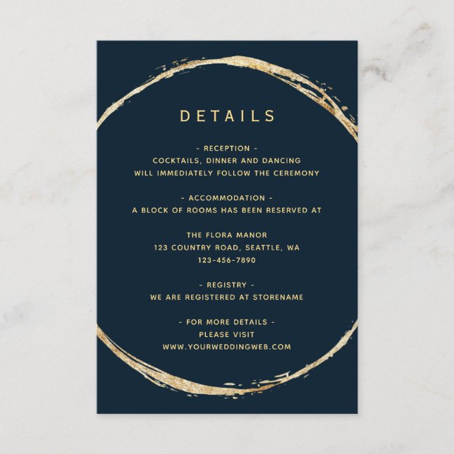 Details zur Hochzeit von Navy Blue Rustic Gold Cir Begleitkarte (Vorderseite)