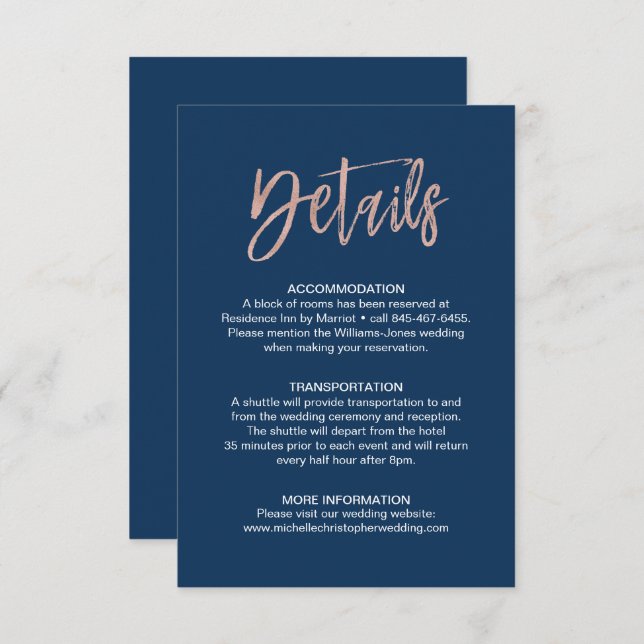 Details zur Hochzeit von Navy & Rose Gold Glam Chi Begleitkarte (Vorne/Hinten)