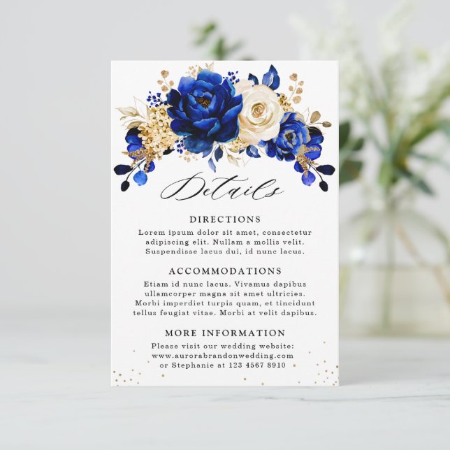 Details zur Hochzeit von Royal Blue Yellow Gold Fl Begleitkarte (Stehend Vorderseite)