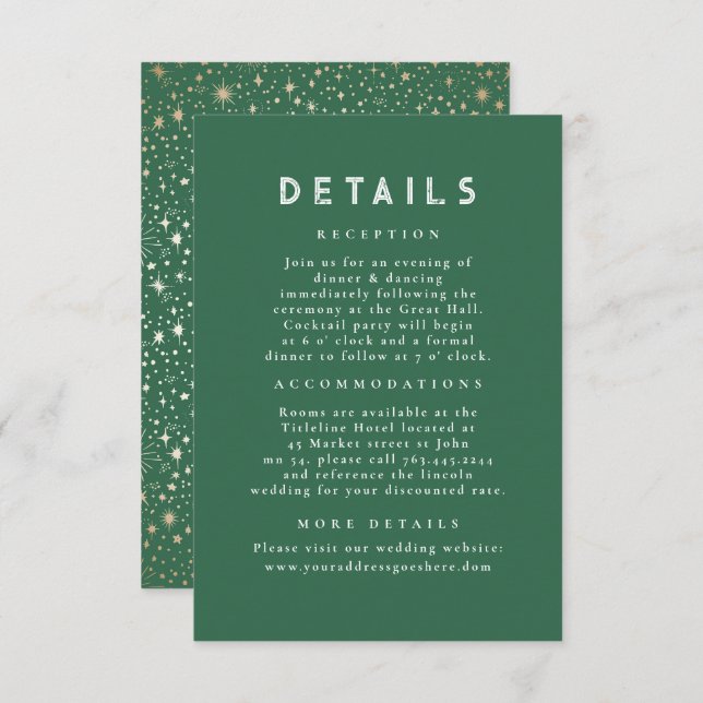 Details zur Hochzeit von Starry Night Green Gold Begleitkarte (Vorne/Hinten)
