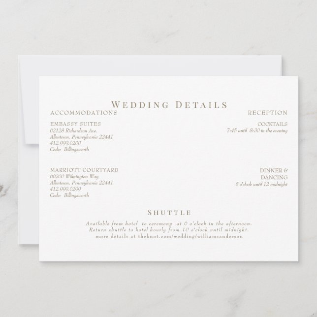 Details zur Hochzeit von weißem und goldfarbenem T Einladung (Vorderseite)