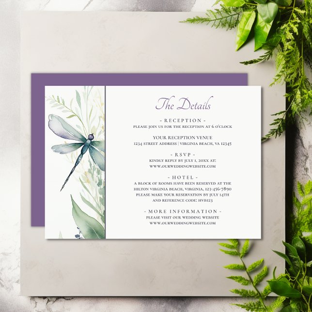 Details zur Hochzeitsfeier im Wasserfarbenspiel un Begleitkarte (Watercolor Dragonfly and Greenery Wedding Details Enclosure Card)