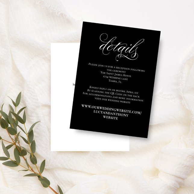 Details zur Hochzeitskalligraphie in Schwarz und W Begleitkarte (Black and White calligraphy script enclosure card with scannable QR Code. )