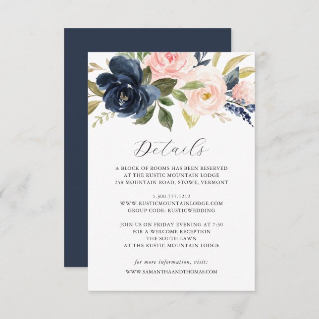 Details zur Hochzeitskarte für Navy Blush Floral Einladung (Vorne/Hinten)