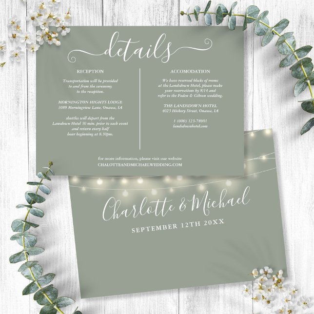 Details zur Hochzeitssage für String-Lichter Einladung (String Lights Sage Green Wedding Details Info Invitation)