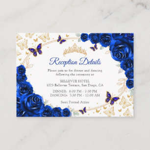 Details zur königlichen blauen Gold-Quinceanera-Re Begleitkarte