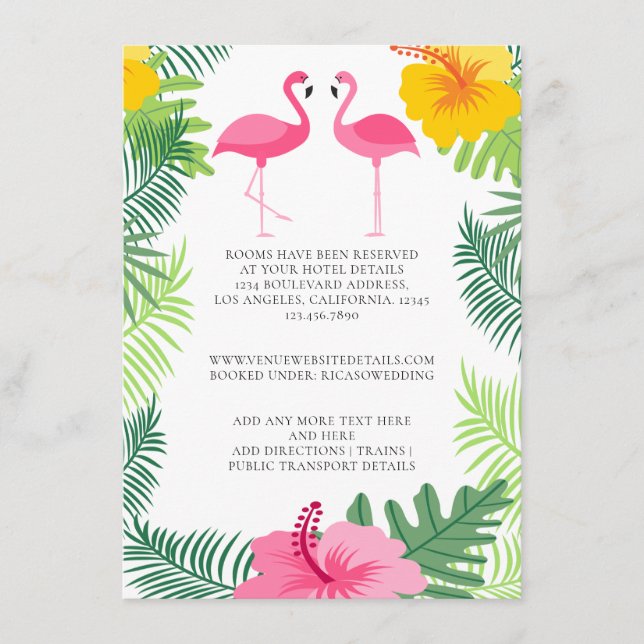 Details zur rosa Flamingo Tropical Wedding Begleitkarte (Vorderseite)