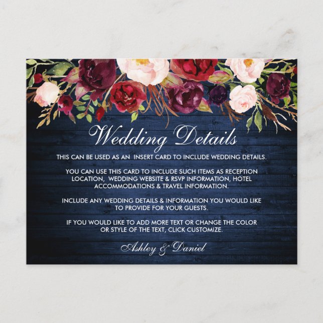 Details zur rustikalen Blue Wood Floral Wedding Ca Postkarte (Vorderseite)