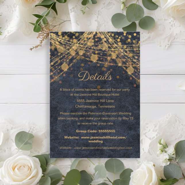 Details zur rustikalen Chic Blue Gold Hochzeit Begleitkarte (Rustic chic navy blue and gold string lights wedding Details enclosure card)