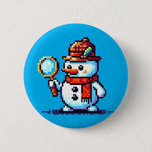 Detective Snowman - Funny Pixel Art Winter Mystery Button (Vorderseite)