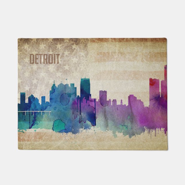Detroit, Aquarell-Stadt-Skyline MI | Fußmatte (Vorderseite)