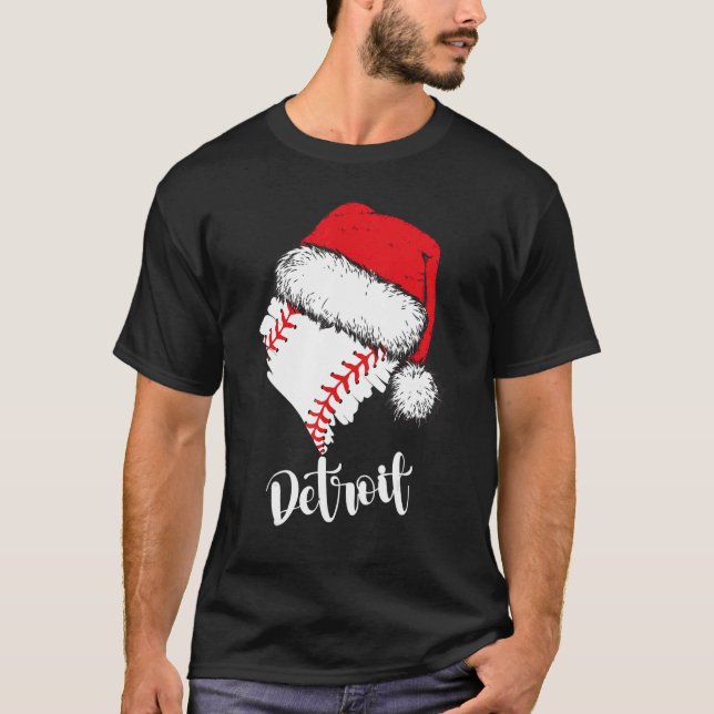 Detroit Baseball Heart Santa Hat Merry Xmas T-Shirt (Vorderseite)