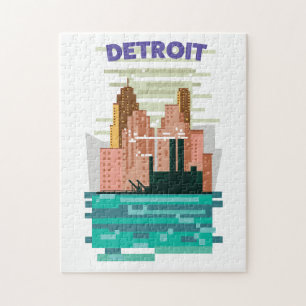 Detroit City Skyline Reiseplakat. Puzzle